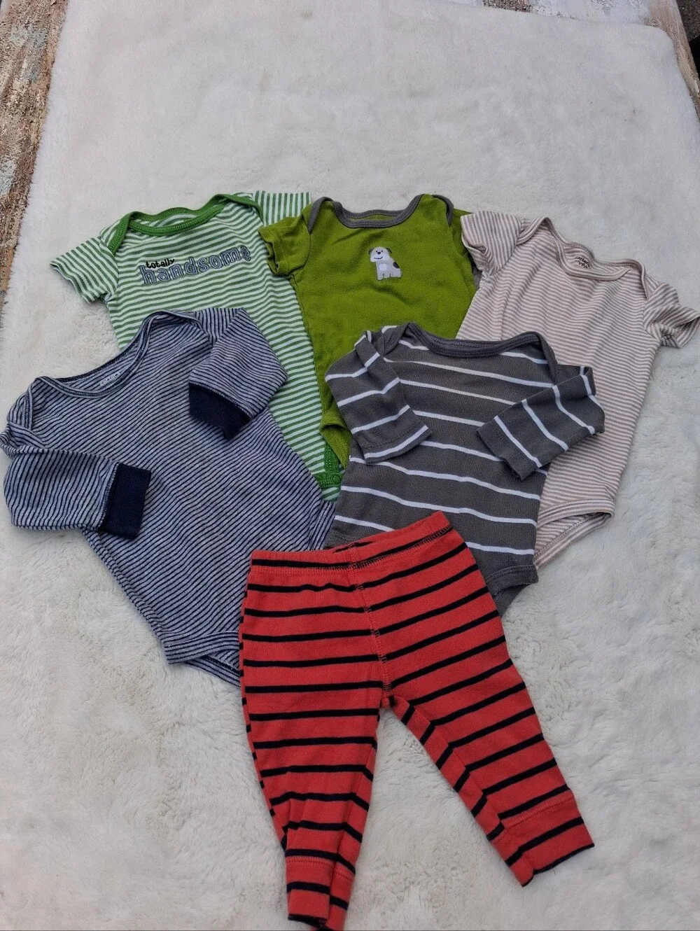 Baby Onesie and Pants Set - Green, Gray, Navy, Cream, Coral Stripes Size 3m